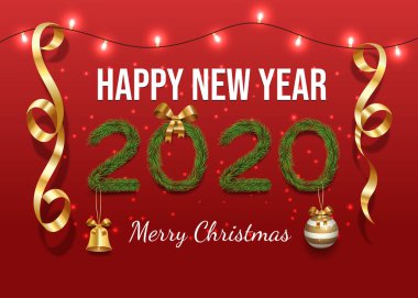 Geleneksel kış bayramı afiş şablonu. İçinde mutlu noeller ve yeni yıl tebrik kartı konsepti olan kartpostallar. 2020 'de firavun dalları ve şenlikli dekorasyonlar gerçekçi çizimler.