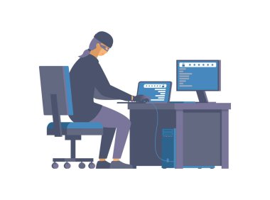 Hackleme aktivitesi, siber suç yassı vektör çizimi. Bilgisayar çizgi film karakteri ile çalışan tehlikeli bir hırsız. Siber suçlu veri çalıyor, siber güvenlik ihlali, hacker saldırısı konsepti