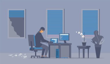 Hacker saldırısı, siber suç düz vektör çizimi. Maskeli bir suçlu, çizgi film karakteri ile çalışıyor. Hırsız değerli verileri çalıyor, siber güvenlik ihlali, hackleme süreci, siber güvenlik kavramı