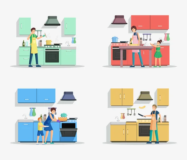 Människor i kök vektor illustrationer set. Glada vuxna och små barn matlagning mat seriefigurer. Män som lagar soppa och pannkakor, mor med barn som knådar deg och bakar tårta — Stock vektor