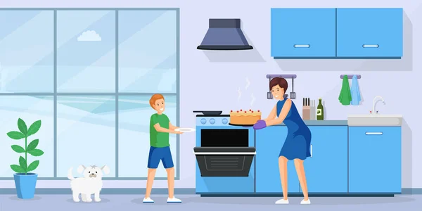 People baking cake flat vector illustration. Smiling woman and little kid in kitchen together cartoon characters. Housewife taking fresh homemade pastry from oven, mother and son cooking dessert — Stock Vector