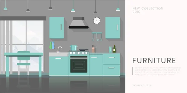 Furniture store flat banner vector template. Contemporary kitchen equipment sale, kitchenware shop advertising poster layout. Modern dining room furnishing illustration with text space — Stock Vector