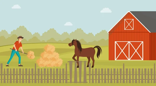 Farmer dolgozik farmerek vektor illusztráció. Fiatal farmer etetés ló széna rajzfilm karakter. Állattenyésztési technikus vasvillával dolgozik, ételt gyűjt csődörnek a pajta közelében. — Stock Vector