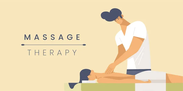 Massage therapie vlakke banner vector template. Professionele masseur en jonge vrouw stripfiguren. Spa salon service poster concept. Lichaamsbehandeling illustratie met typografie — Stockvector