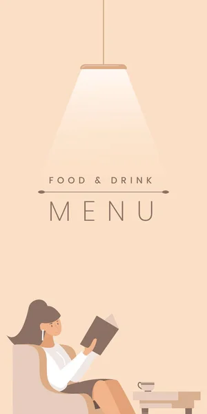 Gourmet restaurant flat banner vector template. Cafe visitor, customer cartoon character. Food and drink menu poster design. Young woman sitting in armchair illustration with typography — Stock Vector