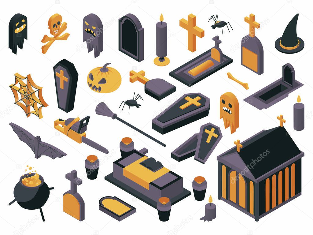 Halloween symbols isometric vector illustrations set. Haunted cemetery design elements, autumn holiday 3d icons pack. Various tombstones, coffins, witch items, crypt, jack lantern and chainsaw