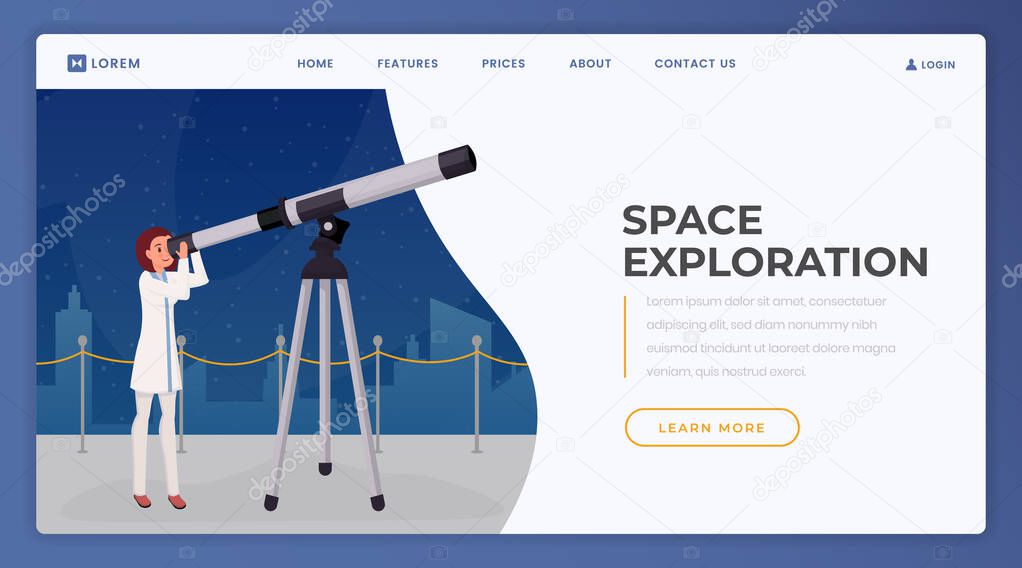Space exploration landing page vector template. Observatory, planetarium website homepage interface idea with flat illustration. Cosmos observation, astronomy web banner, webpage cartoon concept