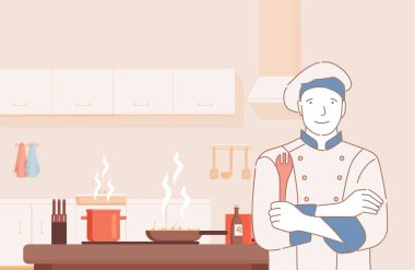 Gülümseyen şef evde ya da restoran mutfağında elinde spatula vektör çizimi ile duruyor..