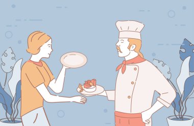 Restoran şefi, garson vektör çizgi film çizimine hazır yemek veriyor. Restoran personeli ana karakterleri özetliyor.