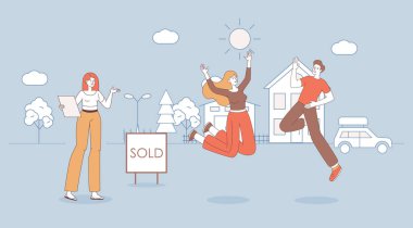 Genç mutlu bir eş ve koca, kır evi vektör çizimi çizimlerini almaktan mutluluk duyar..