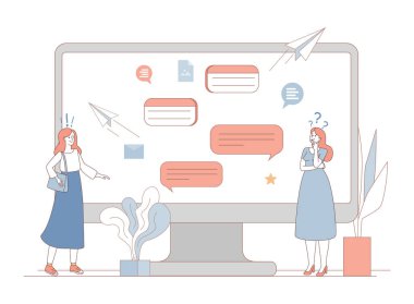 İletişim baloncuklarıyla mesajlaşan kadınlar. Sosyal ağ veya haberci kavramı.