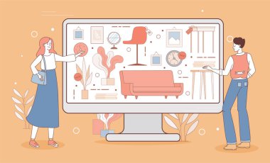 Mutlu çift ev sahibi vektör çizgi film çizimleri için dekorasyon ve mobilya seçiyor..