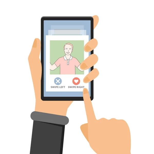 Mão segurando smartphone com aplicativo de namoro. Exibição de telefone com informações de perfil ilustração de desenho animado vetorial . — Vetor de Stock