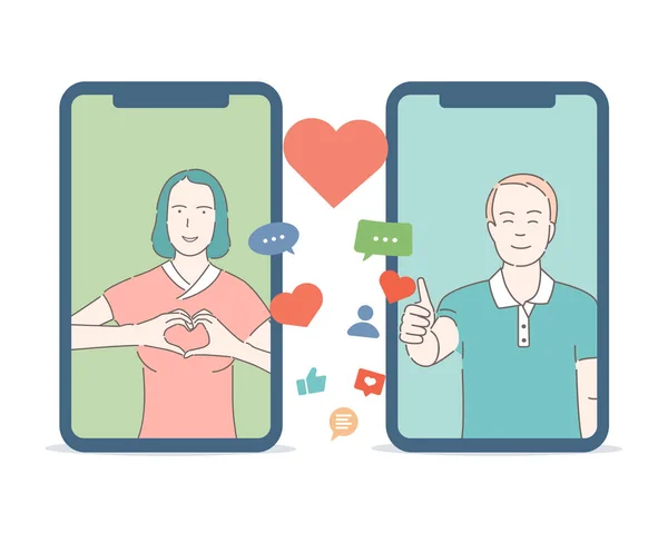 Dating application vector cartoon outline concept. Mladý šťastný muž a žena se zamilovali. — Stockový vektor