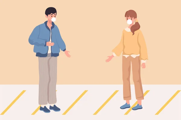 Homme et femme maintiennent une distance sociale pour prévenir la propagation du coronavirus vecteur dessin animé plat illustration . — Image vectorielle