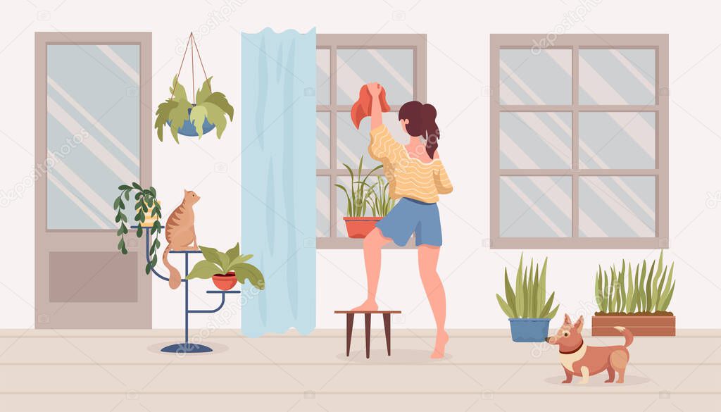 Woman cleans up balcony or room vector flat cartoon illustration. Modern interior, house plants, dog and cat.