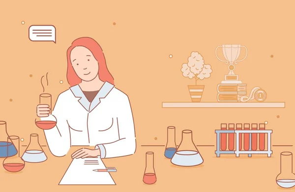 Женщина в лабораторном халате делает химический анализ, изучает иллюстрацию векторного рисунка химии . — стоковый вектор