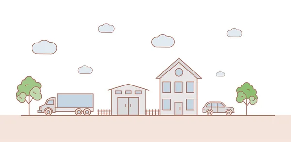 Vorstädtische Landschaft Vektor Cartoon Umriss Illustration. Straße mit Autos, grünen Bäumen, Garage, modernes Einfamilienhaus. — Stockvektor