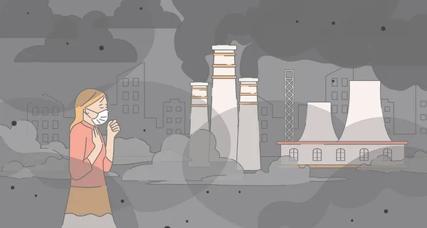 Dziewczyna i chodzenie w pobliżu rur fabrycznych wektor kreskówki zarys ilustracji. Zanieczyszczenie powietrza, smogi miejskie, koncepcja drobnego pyłu. — Wektor stockowy