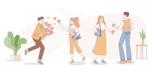 Les gens partagent avec leur cœur dessin animé vectoriel illustration de contour. Les hommes et les femmes s'aiment. — Image vectorielle