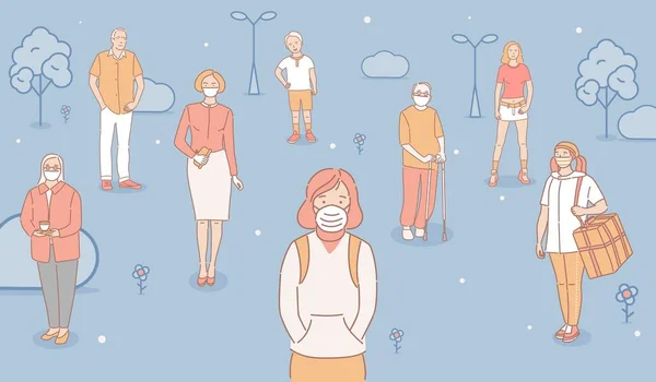 Las personas con máscaras protectoras de pie al aire libre en el parque urbano vector de dibujos animados esbozar ilustración. Esmog de ciudad, polvo fino . — Vector de stock