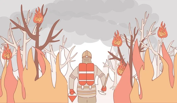 Vigile del fuoco spegne foresta fuoco vettore cartone animato contorno illustrazione. Pompiere nella foresta in fiamme spegnere il fuoco . — Vettoriale Stock