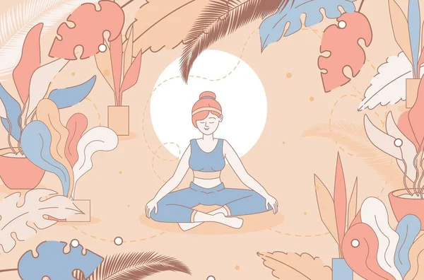 Kvinne som mediterer i naturtegningen av vektortegningen. Øver på yoga, slapper av, rekreasjon. – stockvektor
