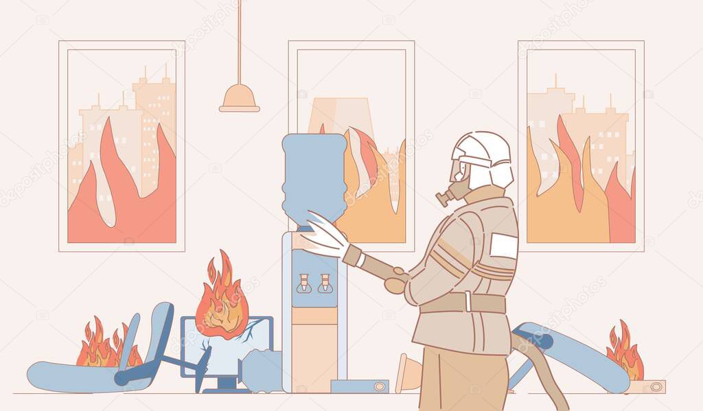 Fireman with fire extinguisher extinguish fire in office vector cartoon outline illustration. Firefighter in burning room.