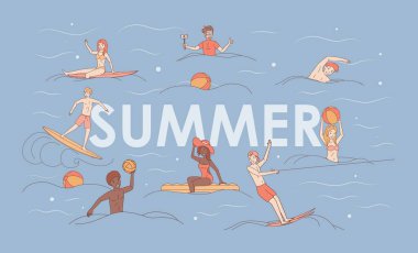 Yaz tatili vektör karikatürü afiş konsepti. Su sporu ve etkinliği.