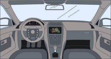 Sensör paneli, dümen ve ön paneli olan ön sürücü görüntüsü. Otomobil vektör karikatür çizimi çiziminin içi.