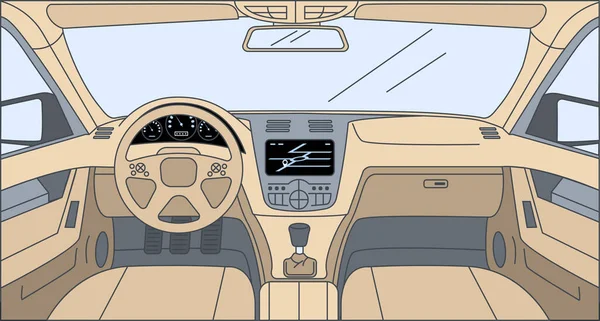 Desenho dentro do desenho animado do vetor do carro ilustração. Driver view com navegador, leme, painel de instrumentos . — Vetor de Stock