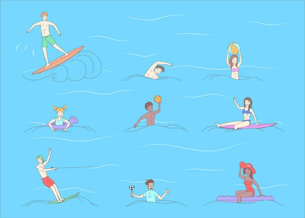 Persone felici in costume da bagno facendo acqua attività vettore cartone animato contorno illustrazione. Concetto vacanza estiva. — Vettoriale Stock