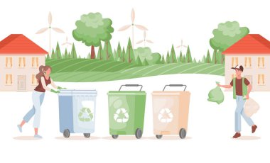 Kadın ve erkek konteynırlara çöp koyuyorlar. Atık konseptinin sıralanması ve geri dönüşümü.