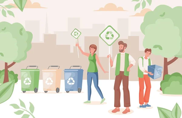 Lidé v městském parku recyklují odpadní vektory ploché ilustrace. Muž a žena drží plakáty se značkou recyklace. — Stockový vektor