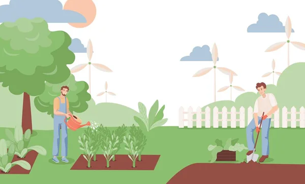 Homens regando plantas e cavando o jardim vetor ilustração plana. Agricultores que trabalham no jardim no verão . —  Vetores de Stock