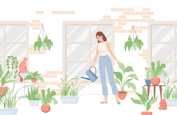 Kvinna som håller vattning burk och vattna hem växter nära huset eller i rummet. — Stock vektor