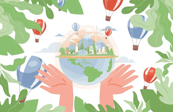 Las manos sostienen globo, fábrica nuclear, aerogeneradores vector ilustración plana. Energía renovable, salvar el planeta de la contaminación . — Archivo Imágenes Vectoriales