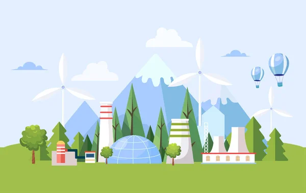 Letni krajobraz z fabrykami jądrowymi i turbinami wiatrowymi. Wytwarzanie energii elektrycznej o obniżonej i zanieczyszczającej jakości. — Wektor stockowy