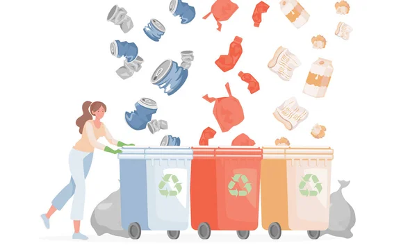 Oddělené recyklační vektorové ploché ilustrace. Žena sbírá odpadky, třídění plastů a organický odpad. — Stockový vektor