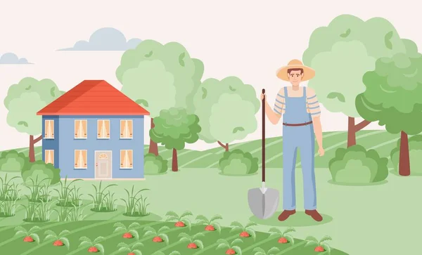Bahçıvan, bahçe vektörü düz çizimde havuç yetiştiriyor. Kürekli bir adam çiftlikte duruyor.. — Stok Vektör