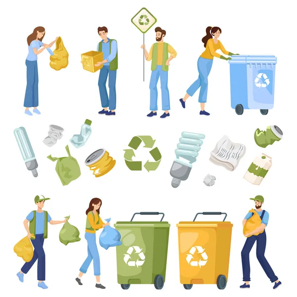 Minska, återanvända och återvinna objekt. Folk lägger avfall i containrar, samlar och sorterar skräp. Miljövänlig livsstil. — Stock vektor