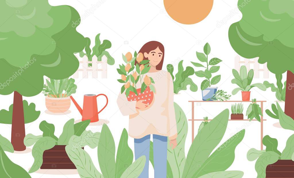 Woman standing in garden and holding a pot with lemon tree vector flat illustration. Farmgirl gardening.