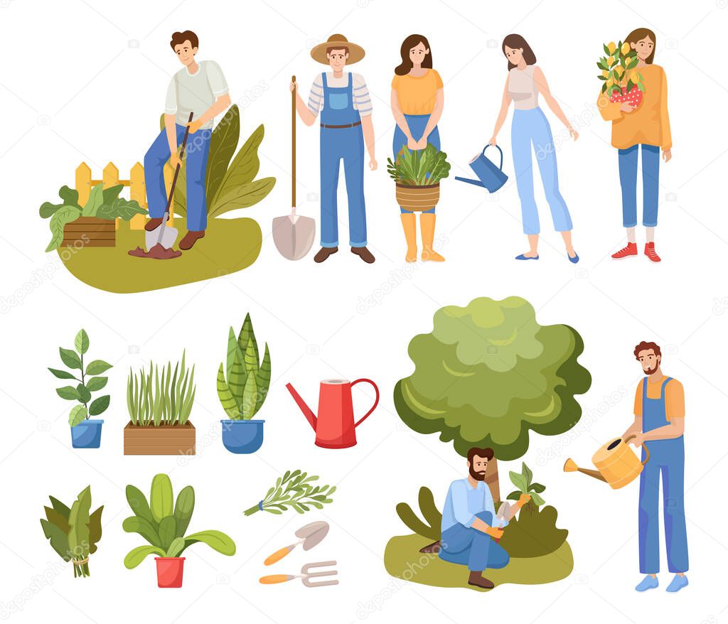 People gardening vector flat illustration. People watering plants and digging garden.