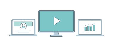 Yükselen çubuk grafiği, oyun işareti ve sosyal ağ web sayfası olan dizüstü bilgisayar ve dizüstü bilgisayar ekranları.