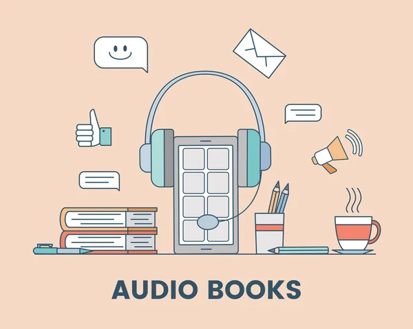 Áudio livro desenho animado esboço conceito banner. Podcast, mídia de áudio ou ilustração de vetor de aprendizagem eletrônica . —  Vetores de Stock