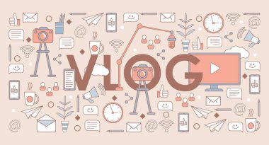 Vlog sözcük pankartı şablonu. Sosyal medya ve çevrimiçi iletişim, video üretim kavramı.