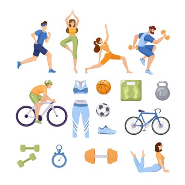 Spor malzemeleri seti. Spor kıyafetleri içinde mutlu insanlar egzersiz, yoga ve esneme yapıyor..