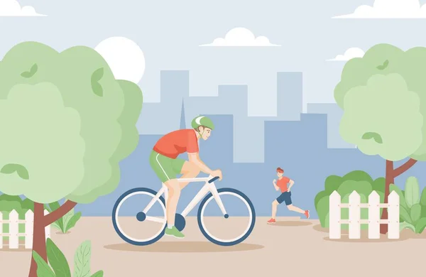 Jóvenes hombres sonrientes en ropa deportiva montar en bicicleta y correr en el parque urbano en el vector de verano ilustración plana . — Vector de stock