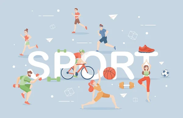 Modello banner per parole sportive. Giovani in abiti sportivi che fanno attività sportive vettore illustrazione piatta — Vettoriale Stock