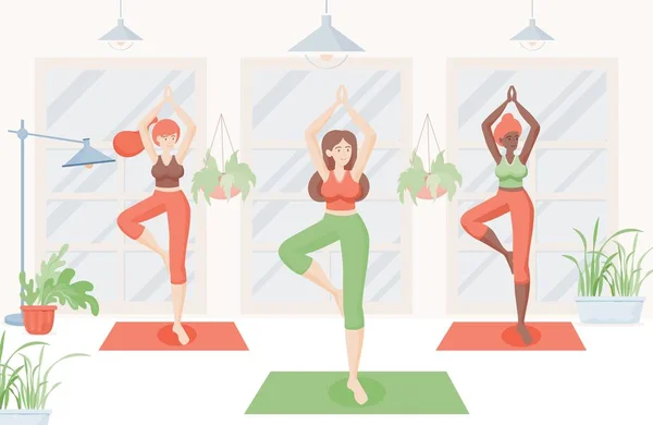 Happy smiling women doing yoga at home or yoga studio vector flat illustration. Girls stretching and doing pilates.